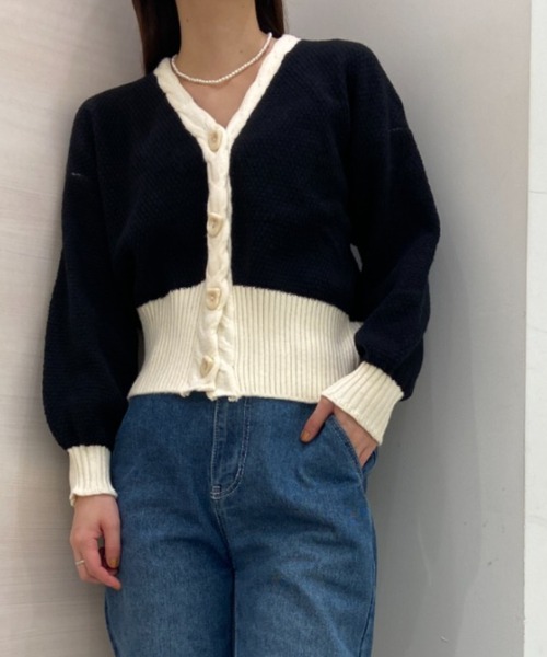 solleim(ソルレム)の「バイカラークロップドニットカーディガン(カーディガン/ボレロ・レディース・ブラック/グリーン・M)」の3枚目の写真