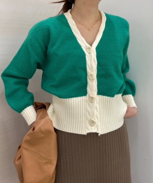 solleim(ソルレム)の「バイカラークロップドニットカーディガン(カーディガン/ボレロ・レディース・ブラック/グリーン・M)」の12枚目の写真