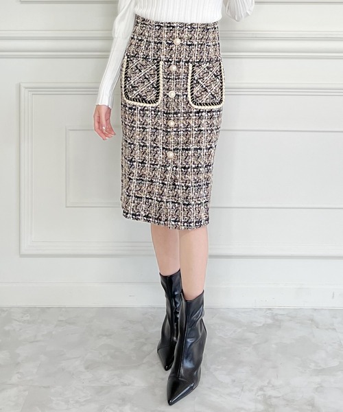 MIIA（ミーア）の「パール釦ツイードタイトスカート（スカート・レディース・ブラック/ベージュ・FREE）」の4枚目の写真