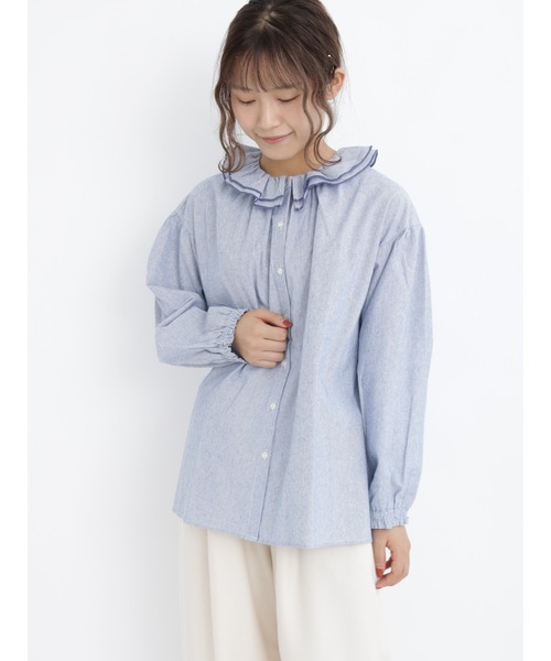 Samansa Mos2（サマンサ モスモス）の「シャンブレー起毛襟フリルブラウス（シャツ/ブラウス・レディース・ネイビー/ベージュ/ブルー/オフホワイト・ﾌﾘ-）」の5枚目の写真