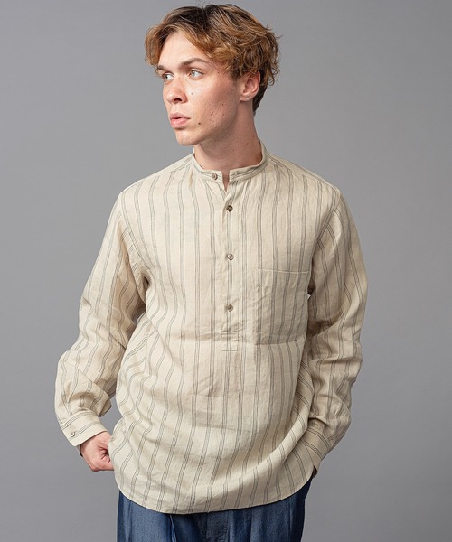 MR.OLIVE ミスターオリーブ / STRIPE LINEN CLOTH / PULLOVER BAND COLLAR SHIRT