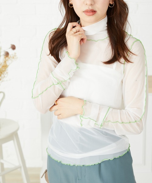 acro（アクロ）の「■配色メロー切替シアーカットソー/AC3404（Tシャツ/カットソー・レディース・グリーン/ホワイト/ブルー/アイボリー・ﾌﾘ-）」の10枚目の写真