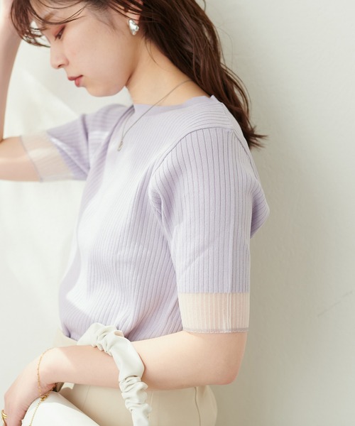 natural couture(ナチュラルクチュール)の「袖口シアー強撚リブニット(ニット/セーター・レディース・ラベンダー/ブラック/グレイッシュベージュ/ベージュ/オフホワイト/ピンク/グリーン・FREE)」の6枚目の写真
