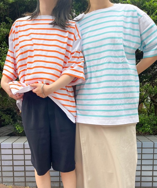 MONT KEMMEL(モンケメル)の「【 MONT KEMMEL / モンケメル 】オーバーサイズ バスクTシャツ 半袖 BASQUE SH SS(Tシャツ/カットソー・レディース・グリーン/ホワイト/ターコイズブルー/オレンジ/ブルー/ブラック・36)」の4枚目の写真