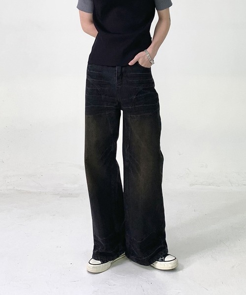 aimoha（アイモハ）の「aimoha menヴィンテージ加工ワイドデニムパンツ（デニムパンツ・メンズ・ブラック・SMALL/MEDIUM/LARGE/X-LARGE）」の3枚目の写真