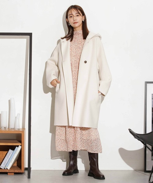 NANO universe（ナノユニバース）の「スーパー140ウールリバーフードコート（その他アウター・レディース・ブラック/アイボリー/ライトグリーン・S/M）」の7枚目の写真