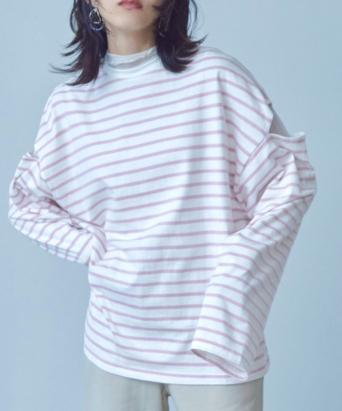 Fashion Letter(ファッションレター)の「オーバーサイズ カットアウト ボーダーロングTee(Tシャツ/カットソー・レディース・ブラック/グリーン/ピンク/ベージュ・M)」の4枚目の写真