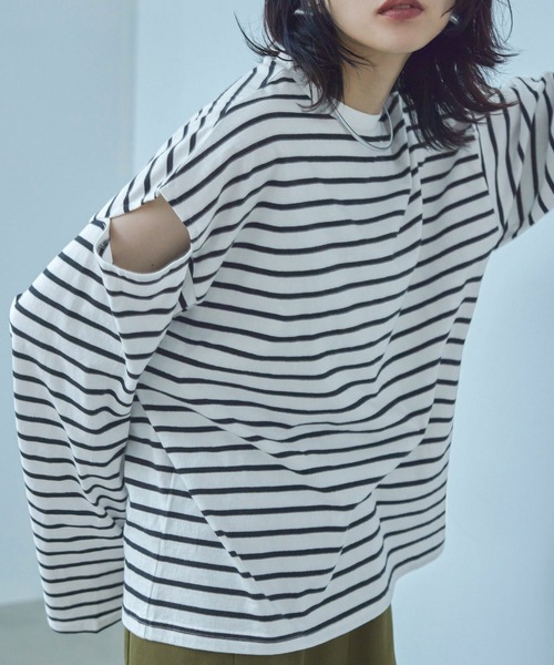 Fashion Letter(ファッションレター)の「オーバーサイズ カットアウト ボーダーロングTee(Tシャツ/カットソー・レディース・ブラック/グリーン/ピンク/ベージュ・M)」の2枚目の写真