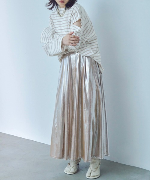 Fashion Letter(ファッションレター)の「オーバーサイズ カットアウト ボーダーロングTee(Tシャツ/カットソー・レディース・ブラック/グリーン/ピンク/ベージュ・M)」の7枚目の写真