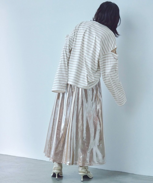 Fashion Letter(ファッションレター)の「オーバーサイズ カットアウト ボーダーロングTee(Tシャツ/カットソー・レディース・ブラック/グリーン/ピンク/ベージュ・M)」の9枚目の写真