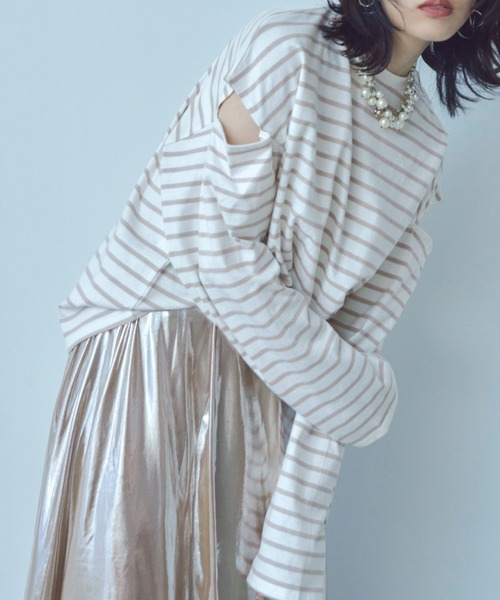 Fashion Letter(ファッションレター)の「オーバーサイズ カットアウト ボーダーロングTee(Tシャツ/カットソー・レディース・ブラック/グリーン/ピンク/ベージュ・M)」の10枚目の写真