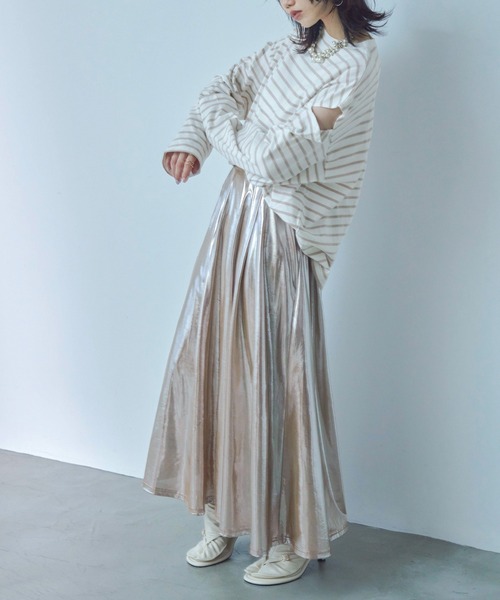 Fashion Letter(ファッションレター)の「オーバーサイズ カットアウト ボーダーロングTee(Tシャツ/カットソー・レディース・ブラック/グリーン/ピンク/ベージュ・M)」の11枚目の写真