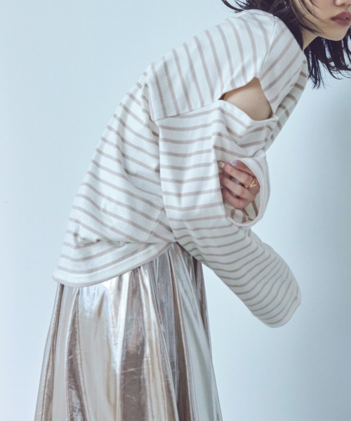 Fashion Letter(ファッションレター)の「オーバーサイズ カットアウト ボーダーロングTee(Tシャツ/カットソー・レディース・ブラック/グリーン/ピンク/ベージュ・M)」の12枚目の写真