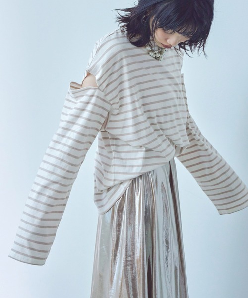 Fashion Letter(ファッションレター)の「オーバーサイズ カットアウト ボーダーロングTee(Tシャツ/カットソー・レディース・ブラック/グリーン/ピンク/ベージュ・M)」の13枚目の写真