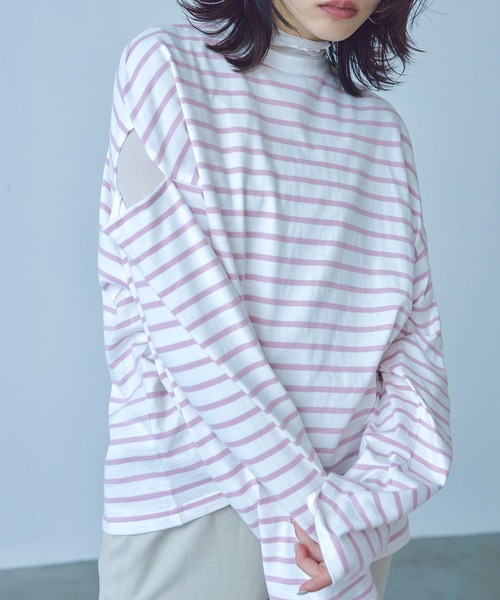 Fashion Letter(ファッションレター)の「オーバーサイズ カットアウト ボーダーロングTee(Tシャツ/カットソー・レディース・ブラック/グリーン/ピンク/ベージュ・M)」の14枚目の写真