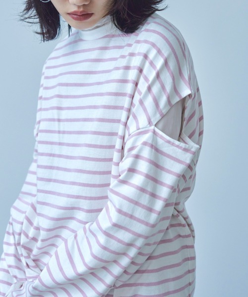 Fashion Letter(ファッションレター)の「オーバーサイズ カットアウト ボーダーロングTee(Tシャツ/カットソー・レディース・ブラック/グリーン/ピンク/ベージュ・M)」の15枚目の写真