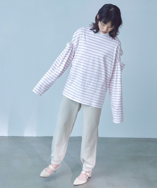 Fashion Letter(ファッションレター)の「オーバーサイズ カットアウト ボーダーロングTee(Tシャツ/カットソー・レディース・ブラック/グリーン/ピンク/ベージュ・M)」の16枚目の写真