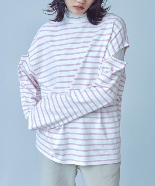 Fashion Letter(ファッションレター)の「オーバーサイズ カットアウト ボーダーロングTee(Tシャツ/カットソー・レディース・ブラック/グリーン/ピンク/ベージュ・M)」の19枚目の写真