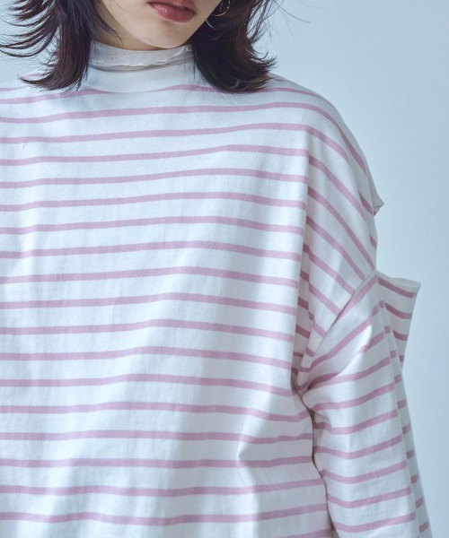 Fashion Letter(ファッションレター)の「オーバーサイズ カットアウト ボーダーロングTee(Tシャツ/カットソー・レディース・ブラック/グリーン/ピンク/ベージュ・M)」の20枚目の写真