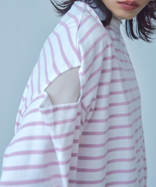 Fashion Letter(ファッションレター)の「オーバーサイズ カットアウト ボーダーロングTee(Tシャツ/カットソー・レディース・ブラック/グリーン/ピンク/ベージュ・M)」の21枚目の写真