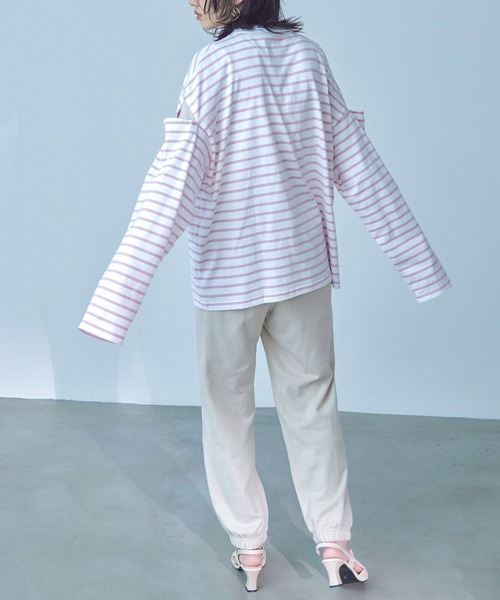 Fashion Letter(ファッションレター)の「オーバーサイズ カットアウト ボーダーロングTee(Tシャツ/カットソー・レディース・ブラック/グリーン/ピンク/ベージュ・M)」の22枚目の写真