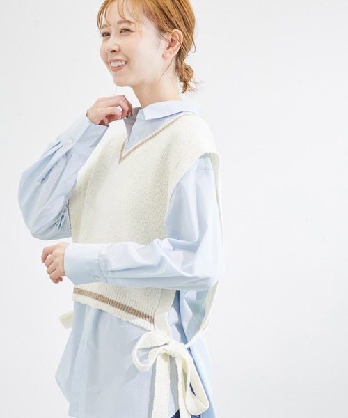 レアデザイン✨アルベロベロ♡シワ加工 お顔ベスト チュニック　レース　リボン ブークレーライン入りサイドリボンレイヤードベスト（ベスト