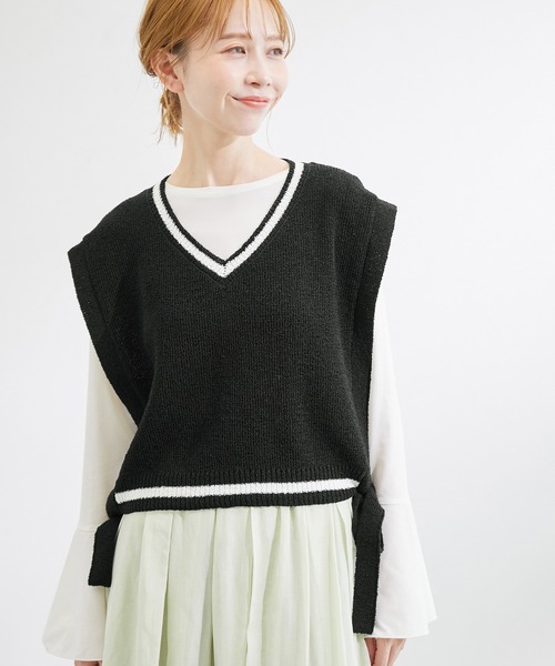ROPE' PICNIC（ロペピクニック）の「ブークレーライン入りサイドリボンレイヤードベスト（ベスト・レディース・キナリ/ブラック/ベージュ系その他・FREE）」の3枚目の写真