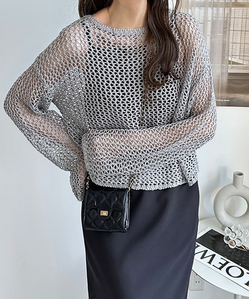 GeeRA（ジーラ）の「透かし編みメッシュサマーニットプルオーバー（ニット/セーター・レディース・ライトグレー/アイボリー/ブラック・MEDIUM）」の14枚目の写真