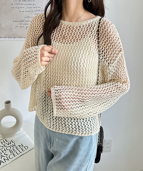 GeeRA（ジーラ）の「透かし編みメッシュサマーニットプルオーバー（ニット/セーター・レディース・ライトグレー/アイボリー/ブラック・MEDIUM）」の19枚目の写真