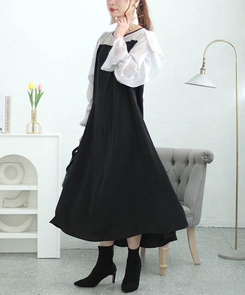 GOLDJAPAN(ゴールドジャパン)の「袖フリルドッキングワンピース【大きいサイズ対応】(ワンピース・レディース・ブラック/ブルーグレー/ピンク・LL/3L/4L/5L)」の2枚目の写真