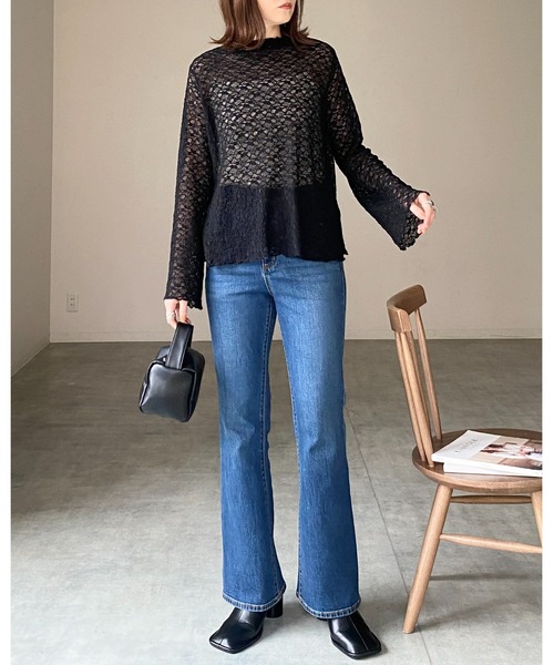 She's Closet(シーズクローゼット)の「シアーレースジャガードメロウフリル長袖プチハイネックトップス(Tシャツ/カットソー・レディース・ブルー/アイボリー/ブラック・FREE)」の13枚目の写真