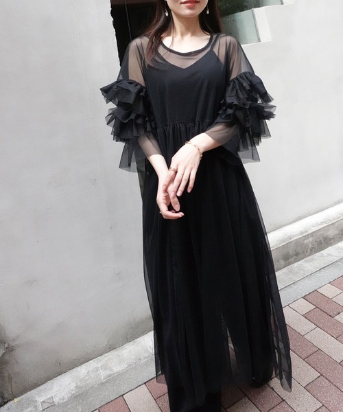 【CUPSHE】ボヘミアン フリルスリーブ ワンピース（送料込み) フリルチュールサテンキャミワンピース / GRACE CONTINENTAL