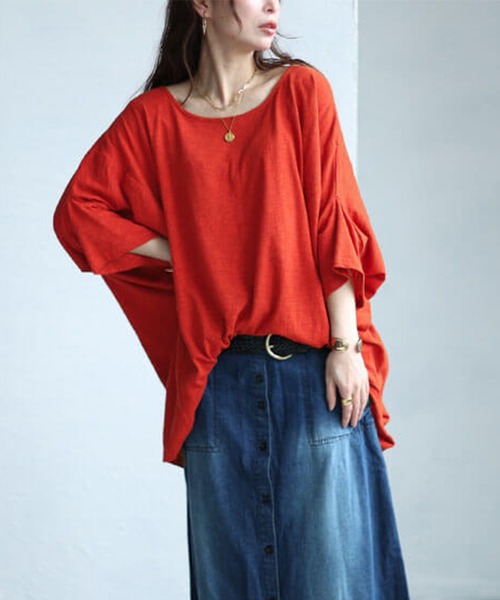 GOLDJAPAN(ゴールドジャパン)の「ワイドドルマン七分袖スラブカットソー【大きいサイズ対応】(Tシャツ/カットソー・レディース・オレンジ/ブルー/ブラック/カーキ・4L~5L/LL~3L)」の1枚目の写真