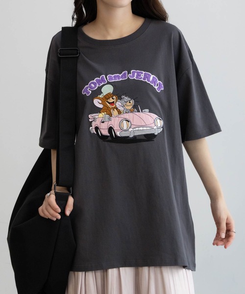 Tom＆Jerry（トムアンドジェリー）の「TOM＆JERRY トムとジェリー サガラ刺繍Tシャツ 綿100%（Tシャツ/カットソー・レディース・チャコールグレー/オートミール/グリーン系その他/ラベンダー/ベージュ・フリー）」の3枚目の写真