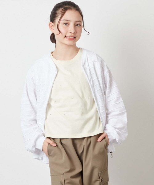 a.v.v（アーヴェヴェ）の「[160]【UVカット】ボーダーJQカーデ（カーディガン/ボレロ・キッズ・ホワイト/ダークインディゴブルー/ブラック・160）」の2枚目の写真