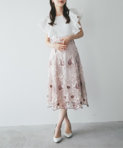 バックレースアップフラワー刺繍フレアスカート（スカート）｜tocco  