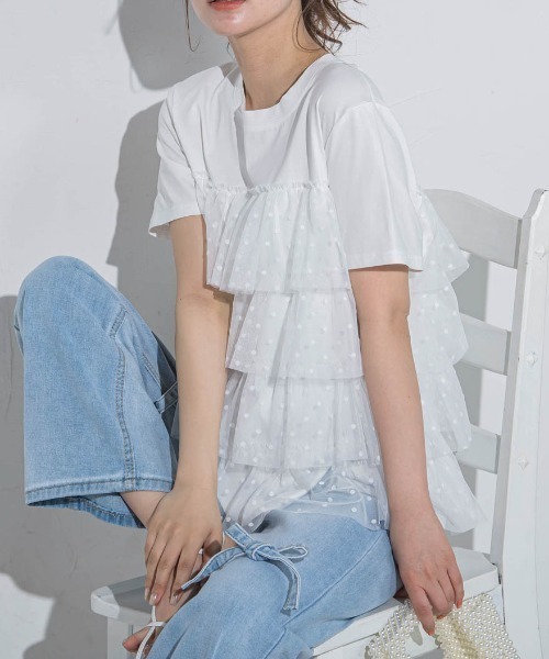 VICKY(ビッキー)の「【ドットシリーズ】チュールティアードTシャツ≪洗濯機で洗える≫(Tシャツ/カットソー・レディース・ホワイト/ホワイト系その他/ブラック・M)」の2枚目の写真