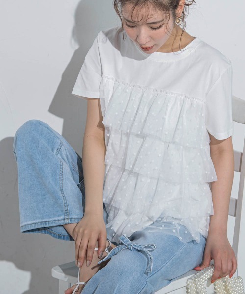 VICKY(ビッキー)の「【ドットシリーズ】チュールティアードTシャツ≪洗濯機で洗える≫(Tシャツ/カットソー・レディース・ホワイト/ホワイト系その他/ブラック・M)」の9枚目の写真