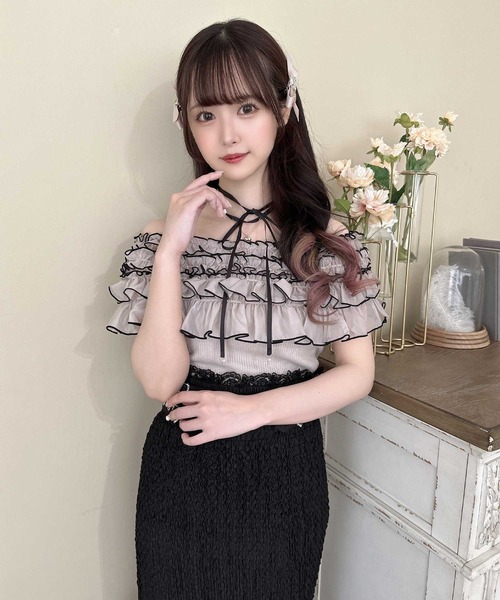 couture BY ROJITA（クチュールバイロジータ）の「配色メローフリルトップス（Tシャツ/カットソー・レディース・アイボリー/ブラック/ピンクベージュ・FREE）」の15枚目の写真