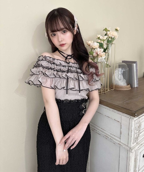 couture BY ROJITA（クチュールバイロジータ）の「配色メローフリルトップス（Tシャツ/カットソー・レディース・アイボリー/ブラック/ピンクベージュ・FREE）」の14枚目の写真