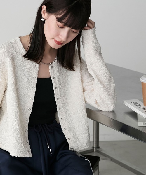 forksy.】ふくれジャガード リングボタン コンパクトカーディガン