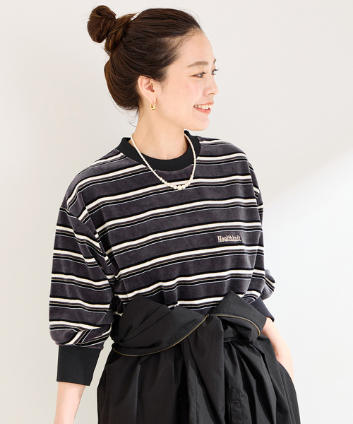 【セール】Healthknit/ヘルスニット 別注 ベロアクルーネックボーダープルオーバー（Tシャツ/カットソー）｜Healthknit（ヘルスニット）