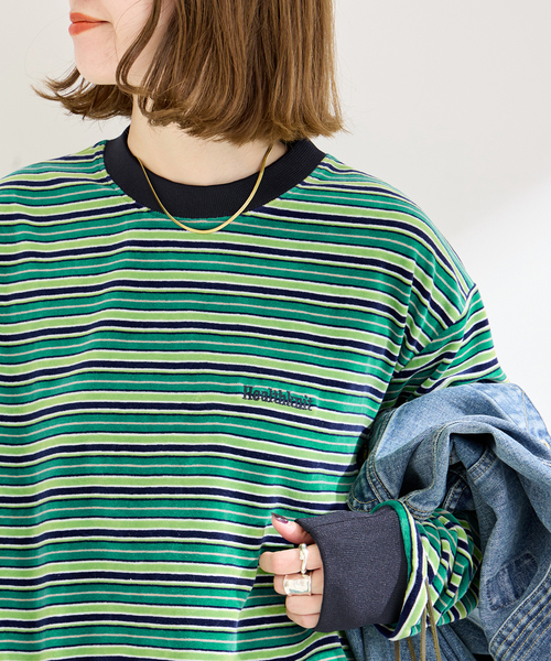 【セール】Healthknit/ヘルスニット 別注 ベロアクルーネックボーダープルオーバー（Tシャツ/カットソー）｜Healthknit（ヘルスニット）