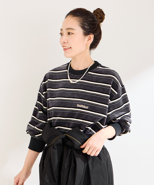 【セール】Healthknit/ヘルスニット 別注 ベロアクルーネックボーダープルオーバー（Tシャツ/カットソー）｜Healthknit（ヘルスニット）