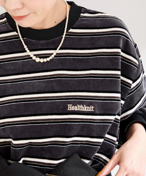 【セール】Healthknit/ヘルスニット 別注 ベロアクルーネックボーダープルオーバー（Tシャツ/カットソー）｜Healthknit（ヘルスニット）