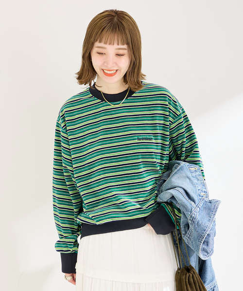 【セール】Healthknit/ヘルスニット 別注 ベロアクルーネックボーダープルオーバー（Tシャツ/カットソー）｜Healthknit（ヘルスニット）