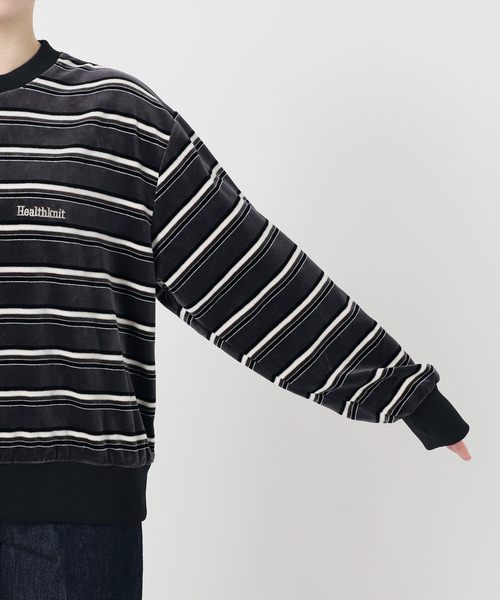 【セール】Healthknit/ヘルスニット 別注 ベロアクルーネックボーダープルオーバー（Tシャツ/カットソー）｜Healthknit（ヘルスニット）