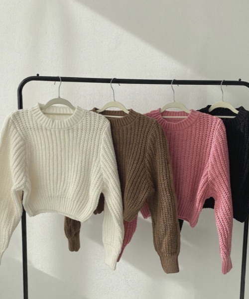 Teem Store(チームストア)の「あぜ編み ショート丈 ボリュームスリーブ ニット(ニット/セーター・レディース・ブラック/ブラウン/ピンク/アイボリー・F)」の5枚目の写真