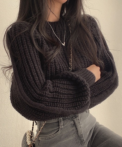 Teem Store(チームストア)の「あぜ編み ショート丈 ボリュームスリーブ ニット(ニット/セーター・レディース・ブラック/ブラウン/ピンク/アイボリー・F)」の10枚目の写真