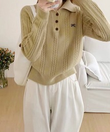リボン刺繍入りニットポロ